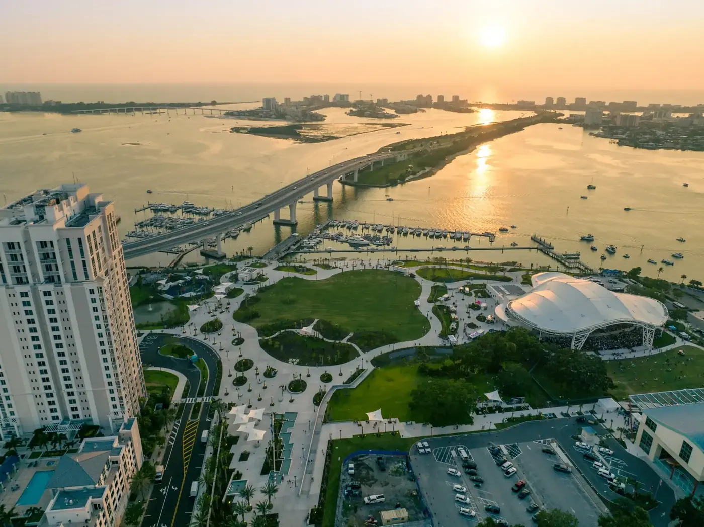 Aerial view over Clearwater, Florida, toward the causeway at sunset