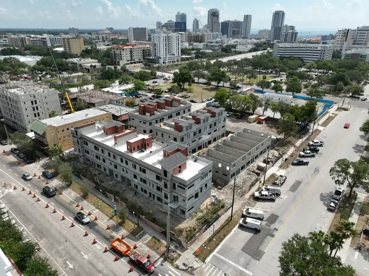 Aerial view of a mid-rise construction project in downtown St. Petersburg