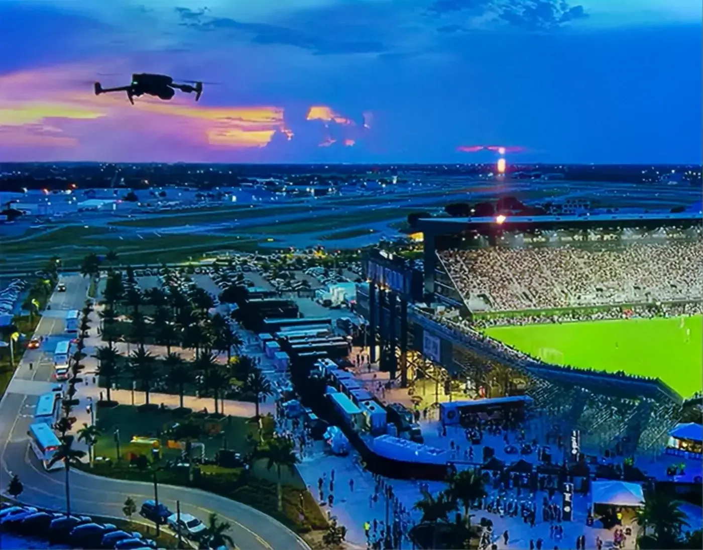 Drone hovering above the stadium at dusk during Lionel Messi’s Inter Miami debut