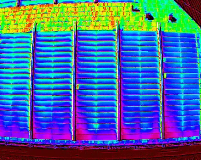 Thermal image of a residential solar array showing temperature differences across the panels